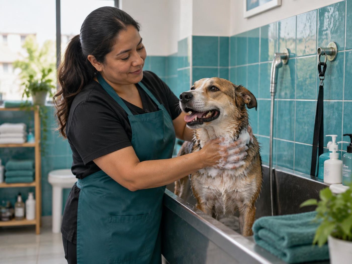Mariela calmly bathing one dog in the clean tiled studio
