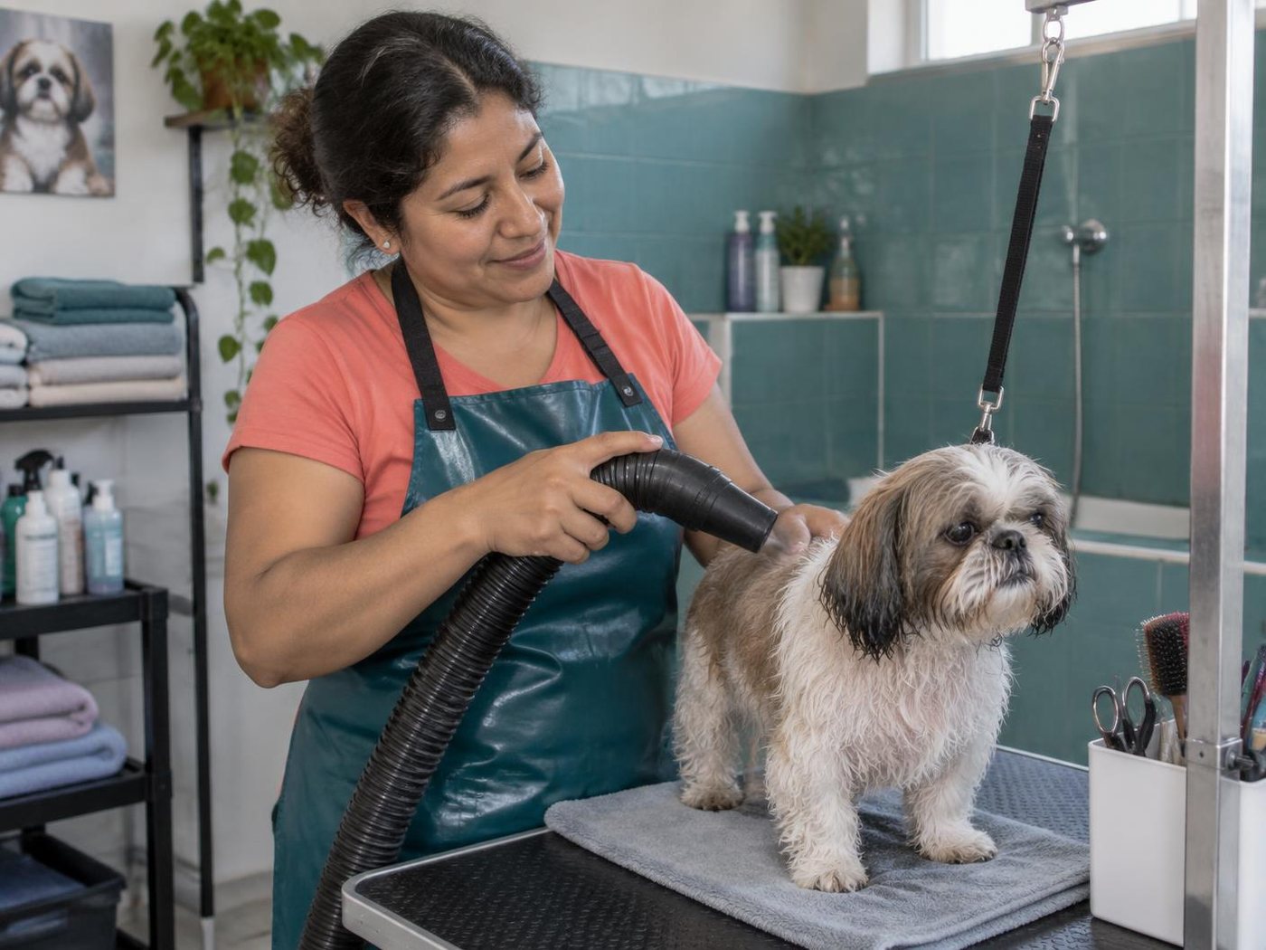 Mariela Quispe gently drying a senior Shih Tzu